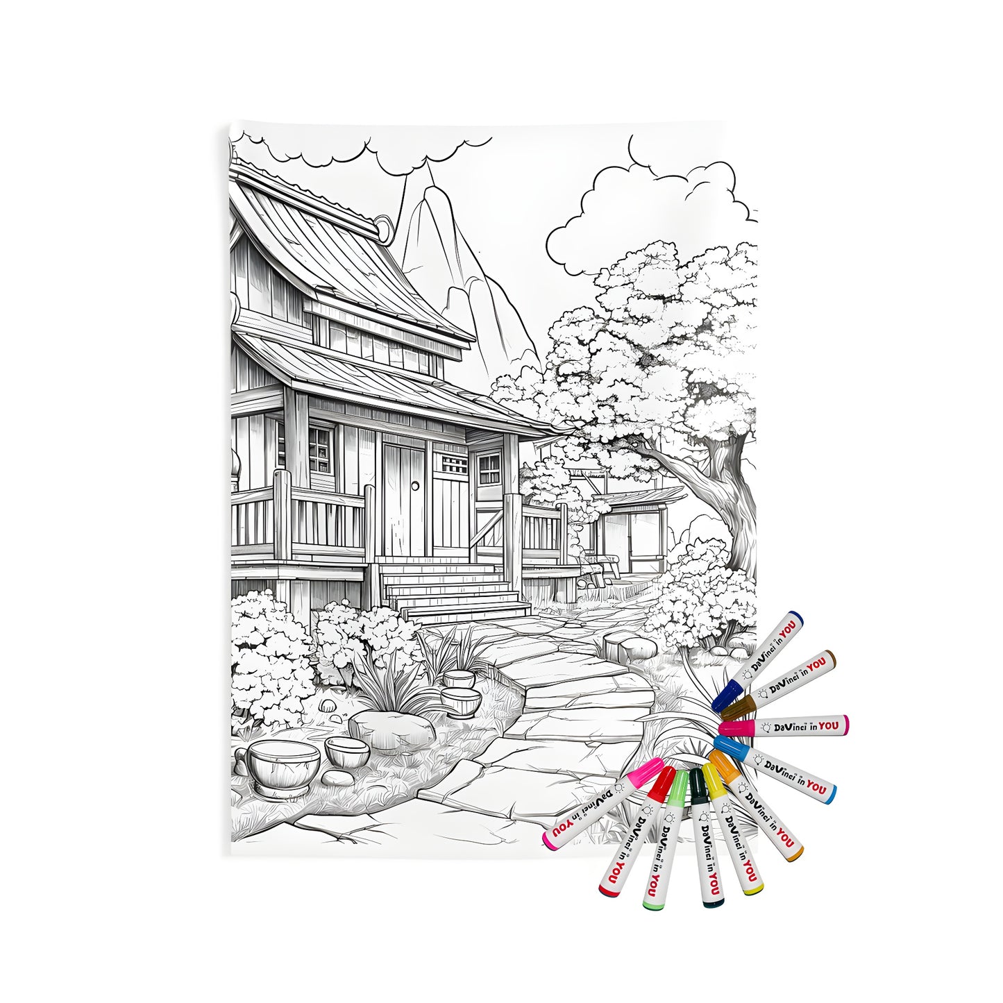 Colorful Traditional Japanese Home Wall Hanging Decor - Beautifully Designed Coloring Kit with Fabric Markers