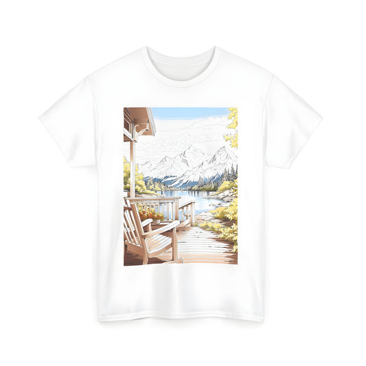 A colorful graphic of a serene lakeside scene with a wooden deck and rocking chair, paired with a comfortable unisex t-shirt featuring a mountain landscape design