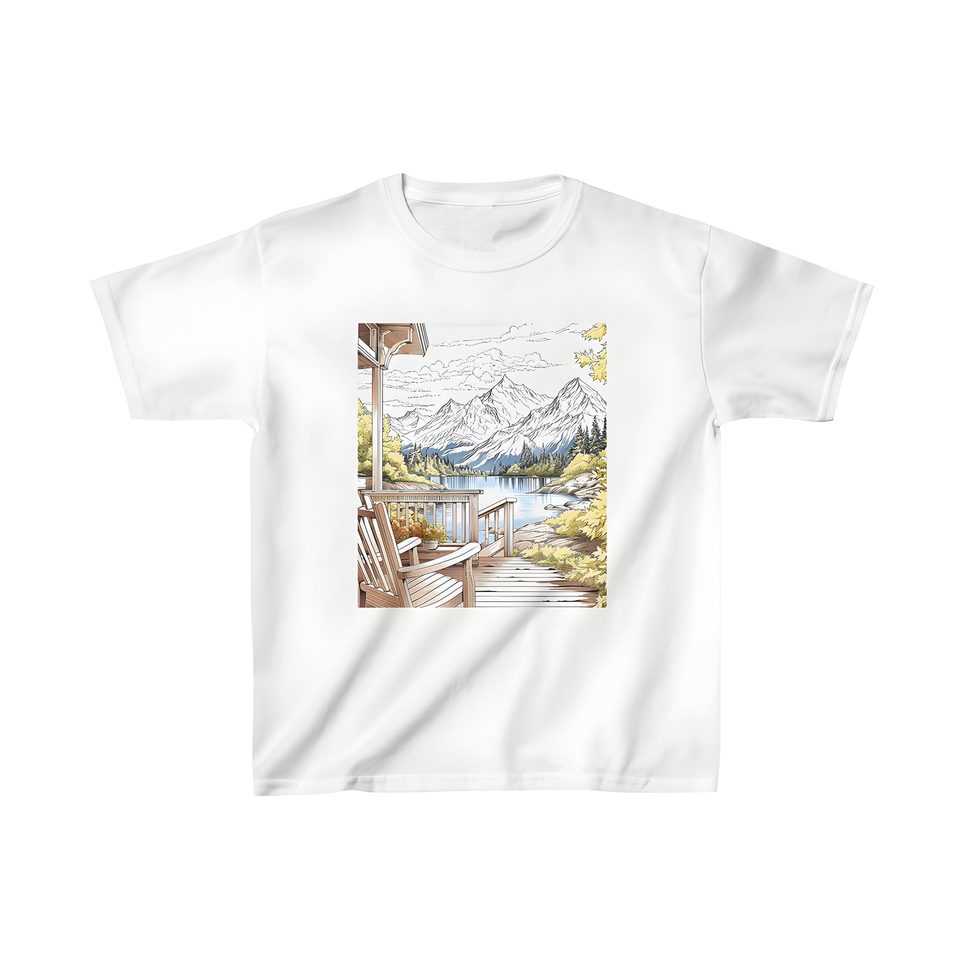 A colorful kid's t-shirt with a scenic mountain view design featuring a wooden deck, rocking chair, lake, and lush trees.