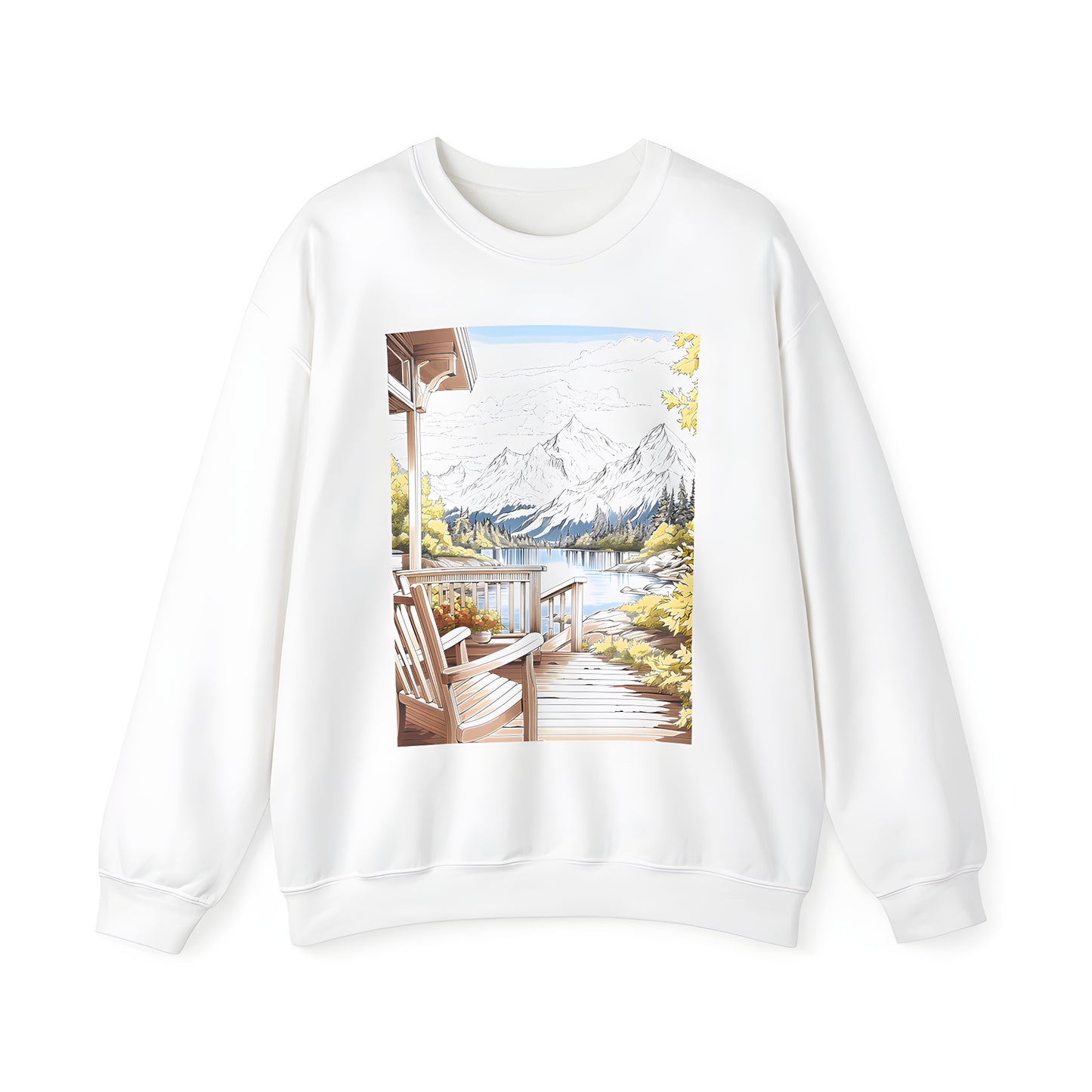 Adult sweatshirt with a scenic mountain view design featuring a wooden deck with a rocking chair overlooking a tranquil lake surrounded by lush trees