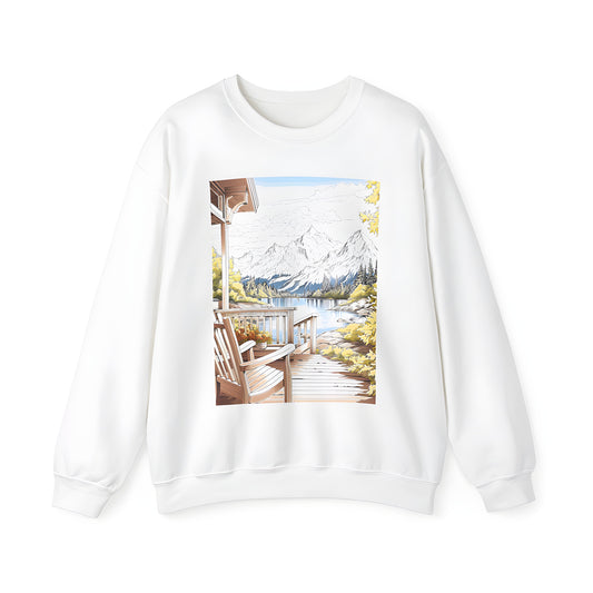 Adult sweatshirt with a scenic mountain view design featuring a wooden deck with a rocking chair overlooking a tranquil lake surrounded by lush trees