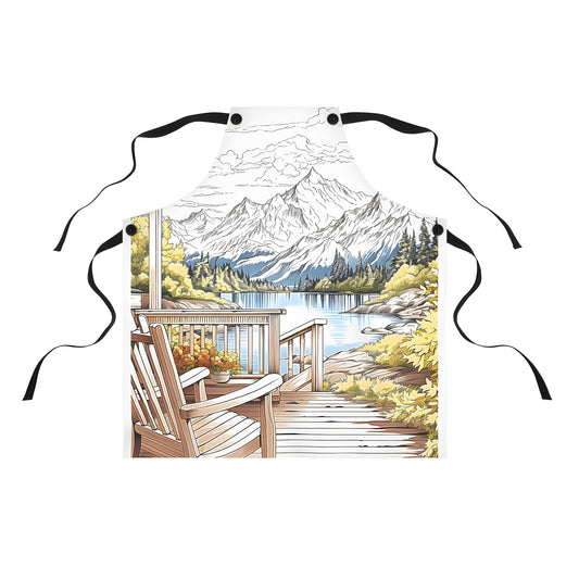 Colorful apron with scenic mountain landscape design inspired by a peaceful lake view, perfect for outdoor enthusiasts and nature lovers