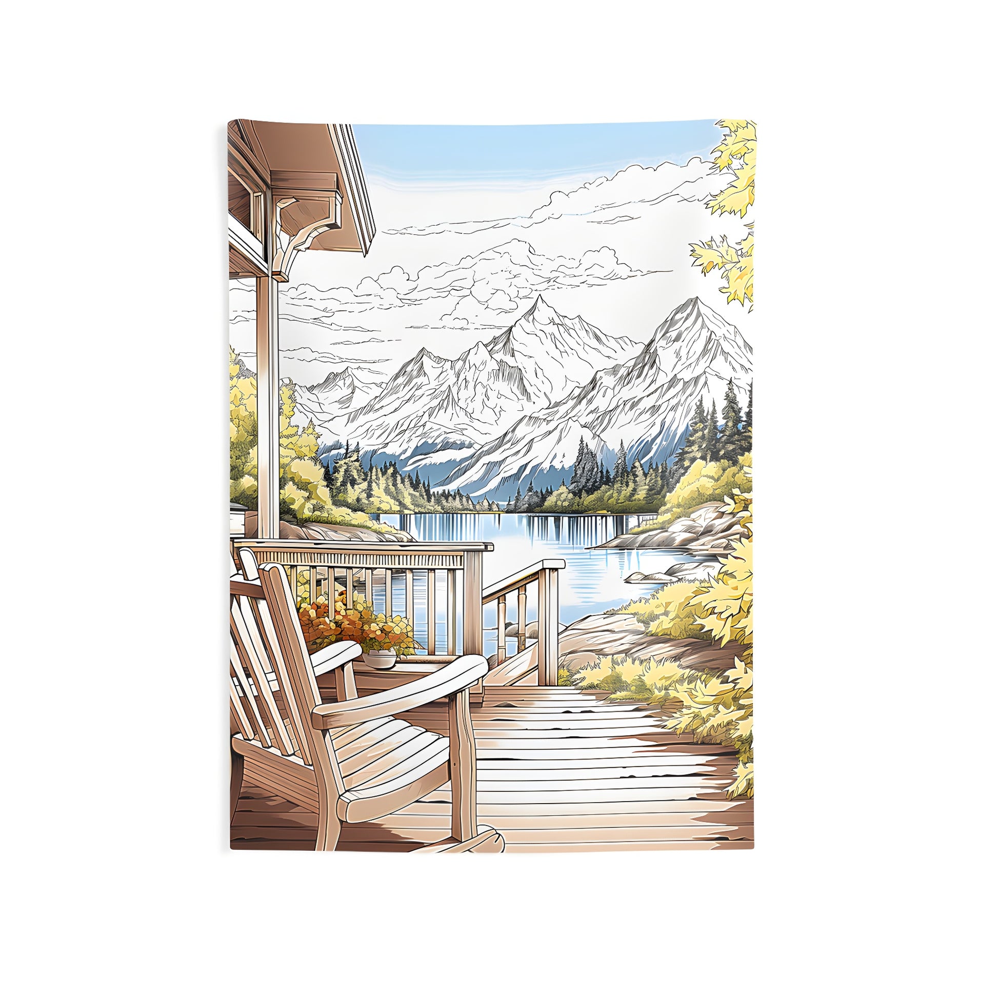 A colorful indoor wall tapestry featuring a serene wooden deck scene with a rocking chair overlooking a tranquil lake surrounded by majestic mountains and lush trees.