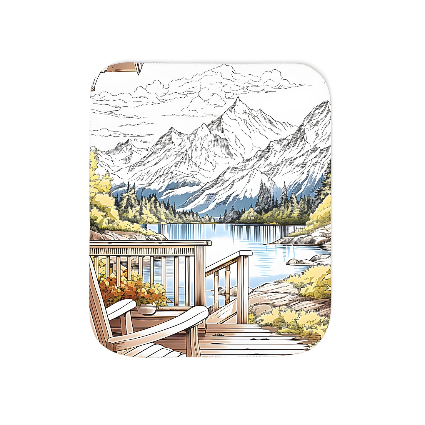 Cozy blanket featuring a serene wooden deck scene overlooking a peaceful lake and picturesque mountain landscape