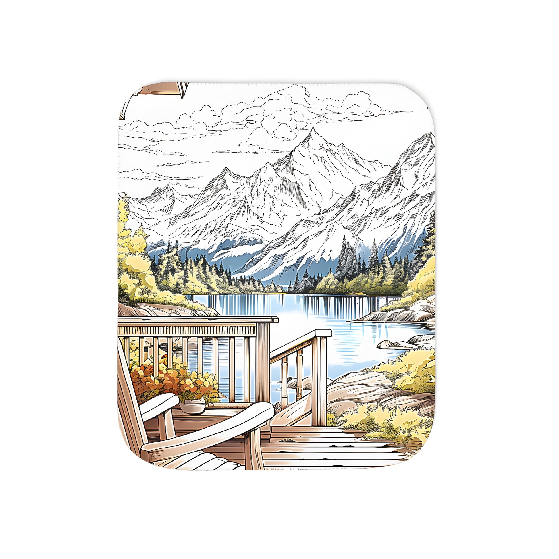 Cozy blanket featuring a serene wooden deck scene overlooking a peaceful lake and picturesque mountain landscape