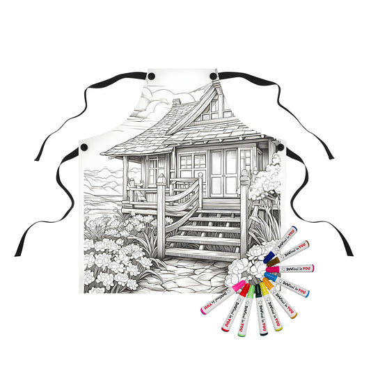 Apron with charming farmhouse design featuring a black and white illustration of a quaint cottage, garden, pathway, and staircase