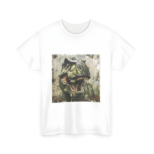 Dinosaur t shirt for men and women, a unisex tee featuring a realistic painting of a fierce prehistoric T-Rex