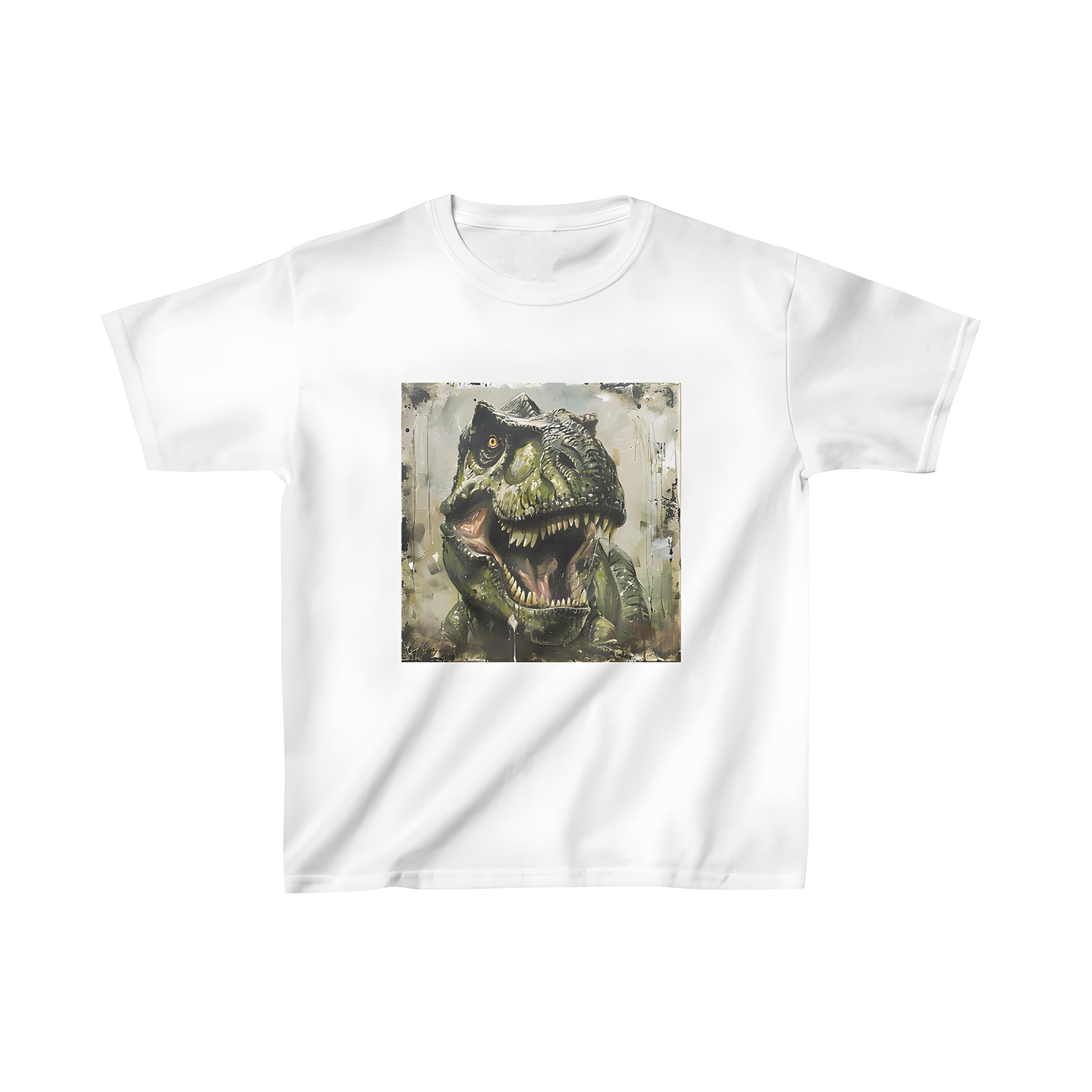 Colorful kid's t-shirt featuring a realistic dinosaur design of a mighty Dino King, A roaring Prehistoric Beast and an awesome T-Rex mascot on the front