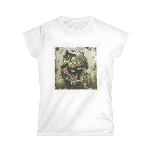 Women's t-shirt with a fun and colorful design of a roaring dinosaur