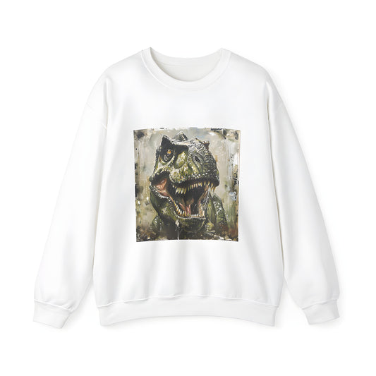 Adult sweatshirt featuring a roaring T-Rex design with detailed skin texture and menacing teeth