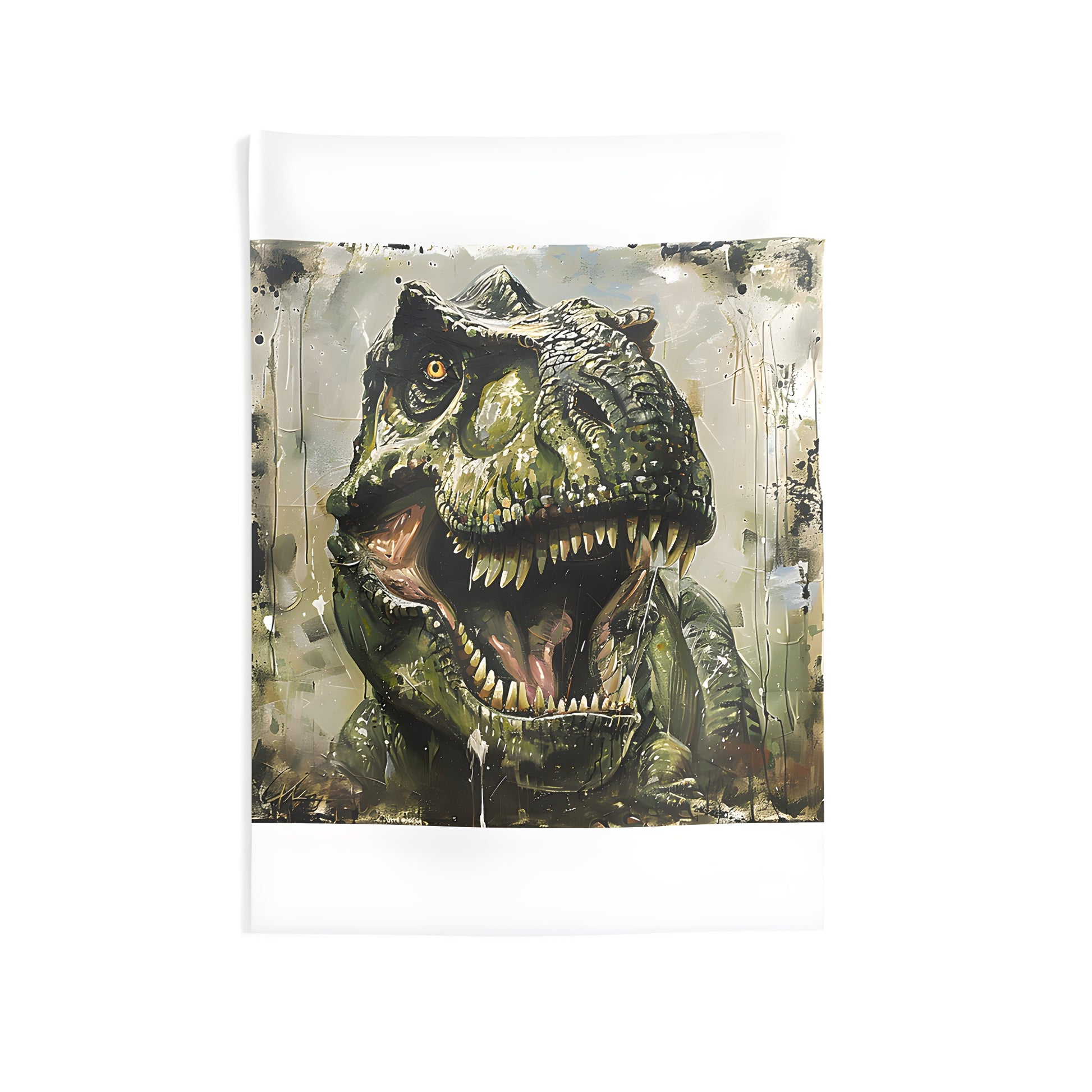 Colorful indoor wall tapestry featuring a realistic depiction of a mighty Dinosaur, such as a T-Rex or Prehistoric Beast