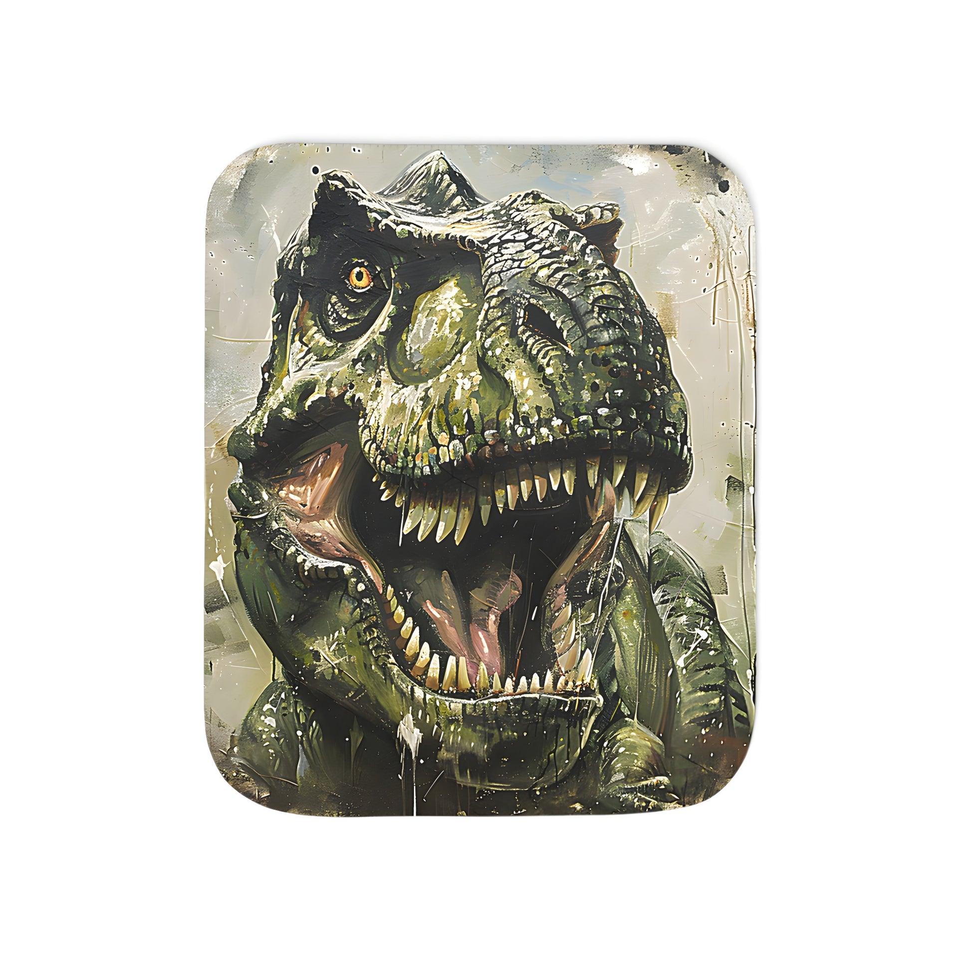 Colorful blanket featuring a realistic dinosaur design of a T-Rex, with sharp teeth and detailed scales