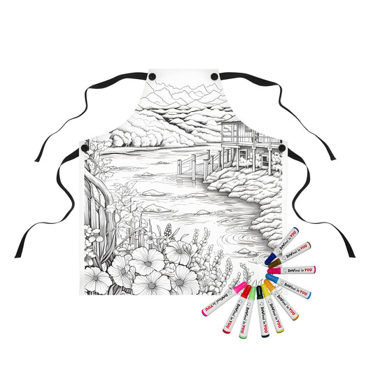 Apron with lakeside cabin design featuring a scenic lake house surrounded by flowers and mountains