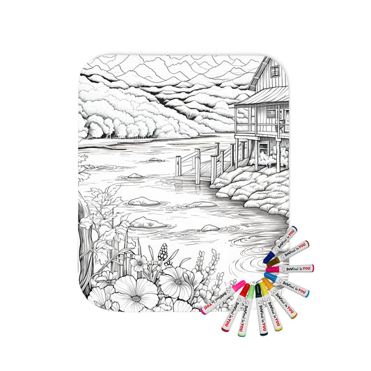 Lakeside cabin blanket illustration with flowers, mountains, and trees fabric art