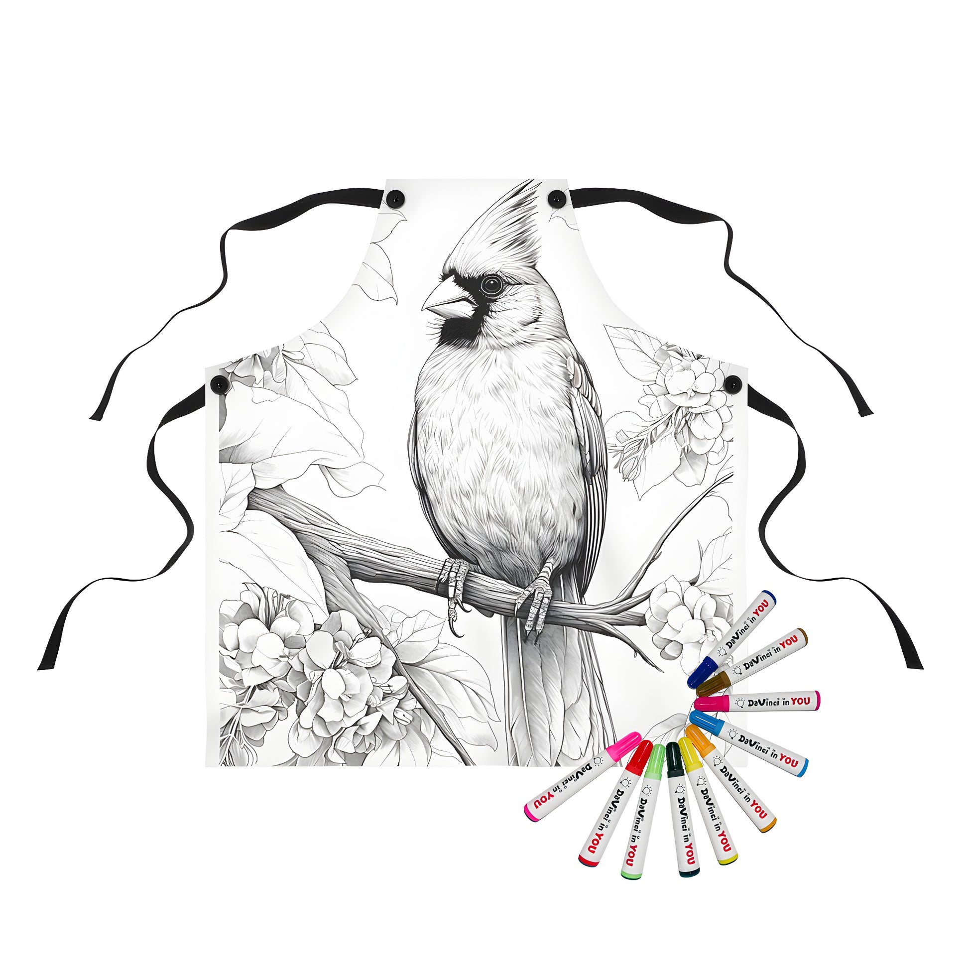 Detailed apron design featuring a black-and-white illustration of a cardinal bird perched on a branch surrounded by flowers