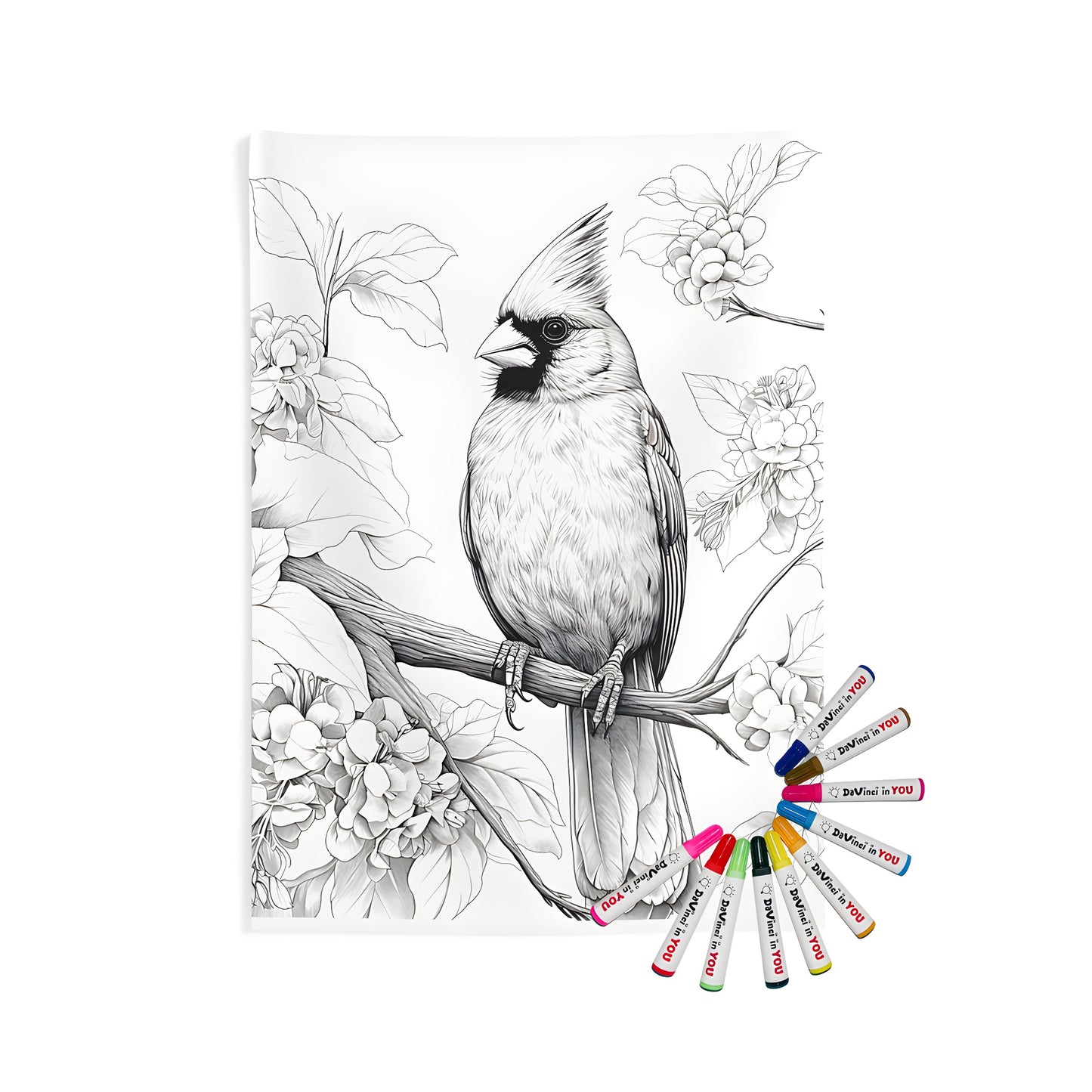 Colorful indoor wall tapestry featuring a detailed black-and-white illustration of a cardinal bird perched on a branch surrounded by flowers. Perfect for nature lovers and fans of the cardinal species, this unique tapestry is also ideal for bedrooms, living rooms, or offices