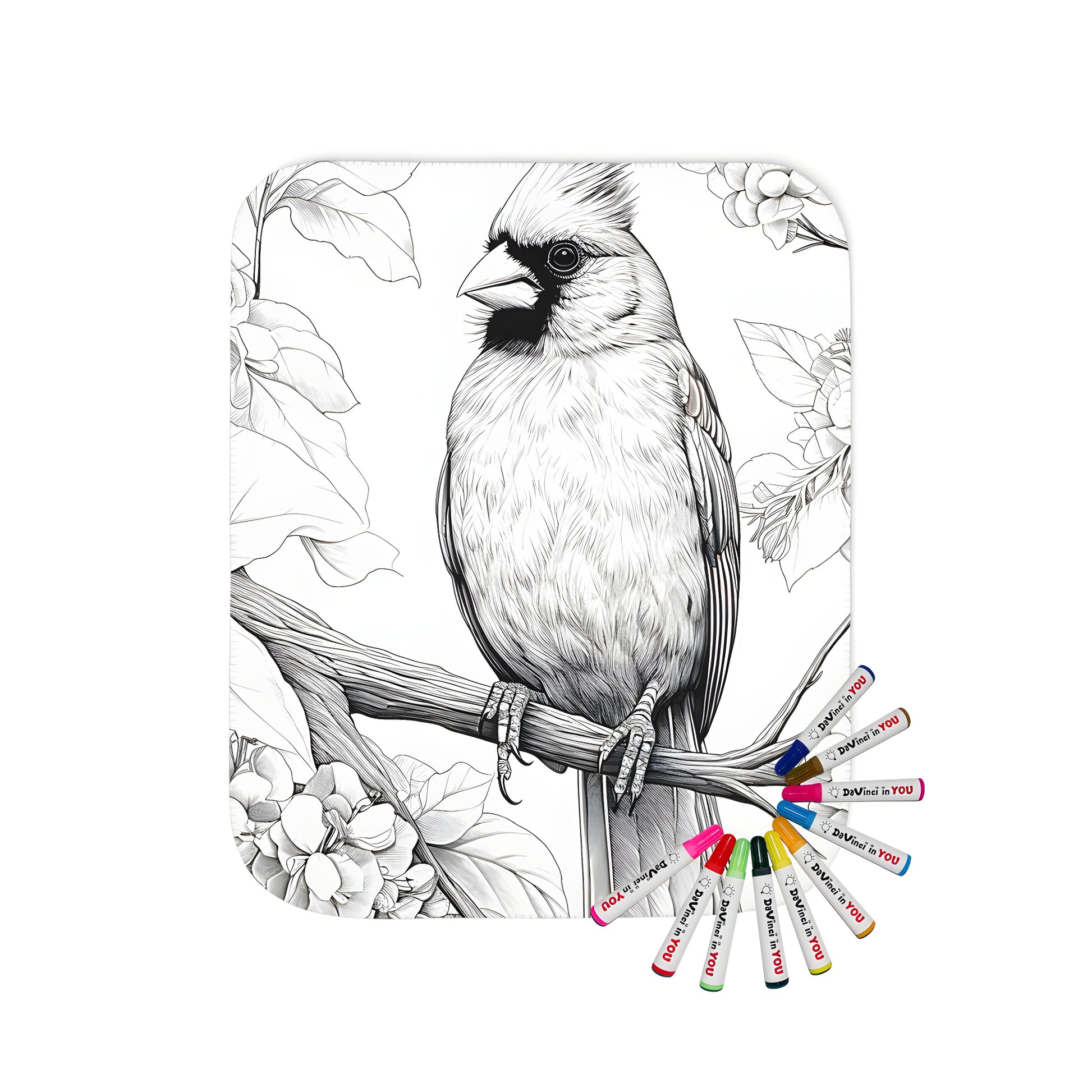 Coloring blanket featuring a detailed black-and-white illustration of a cardinal bird perched on a branch, surrounded by flowers. Includes 10 fabric markers for creative expression.