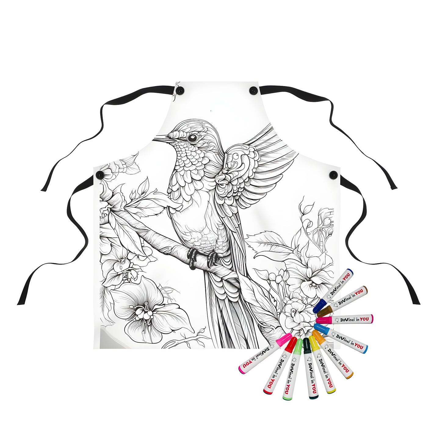 Coloring apron featuring a detailed hummingbird design perched on a branch surrounded by flowers and botanical elements