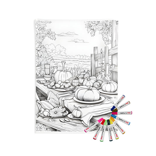 Indoor wall tapestries for coloring kit with fabric markers. A detailed fall landscape featuring an outdoor table with pumpkins, candlesticks, and leaves, set against a serene field backdrop.