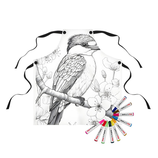 Coloring apron with a kingfisher perched on a branch and blooming flowers background