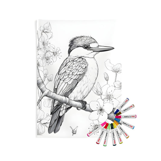 Indoor wall tapestry featuring a kingfisher design with intricate details and floral patterns