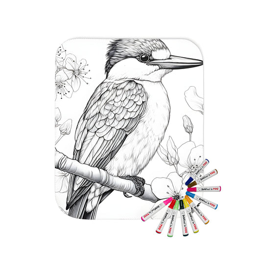 Blanket with kingfisher bird design, featuring a detailed black and white sketch of a kingfisher perched on a branch with blooming flowers in the background.