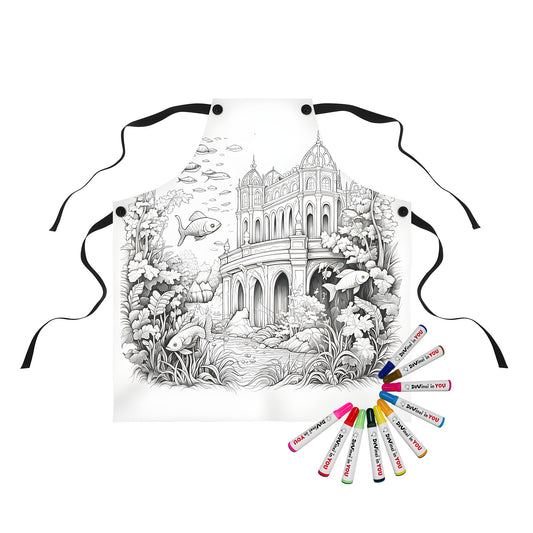 Underwater Castle Coloring Apron with vibrant fish and architecture designs for kids and adults - Perfect for art lovers, ocean enthusiasts, and creative expression