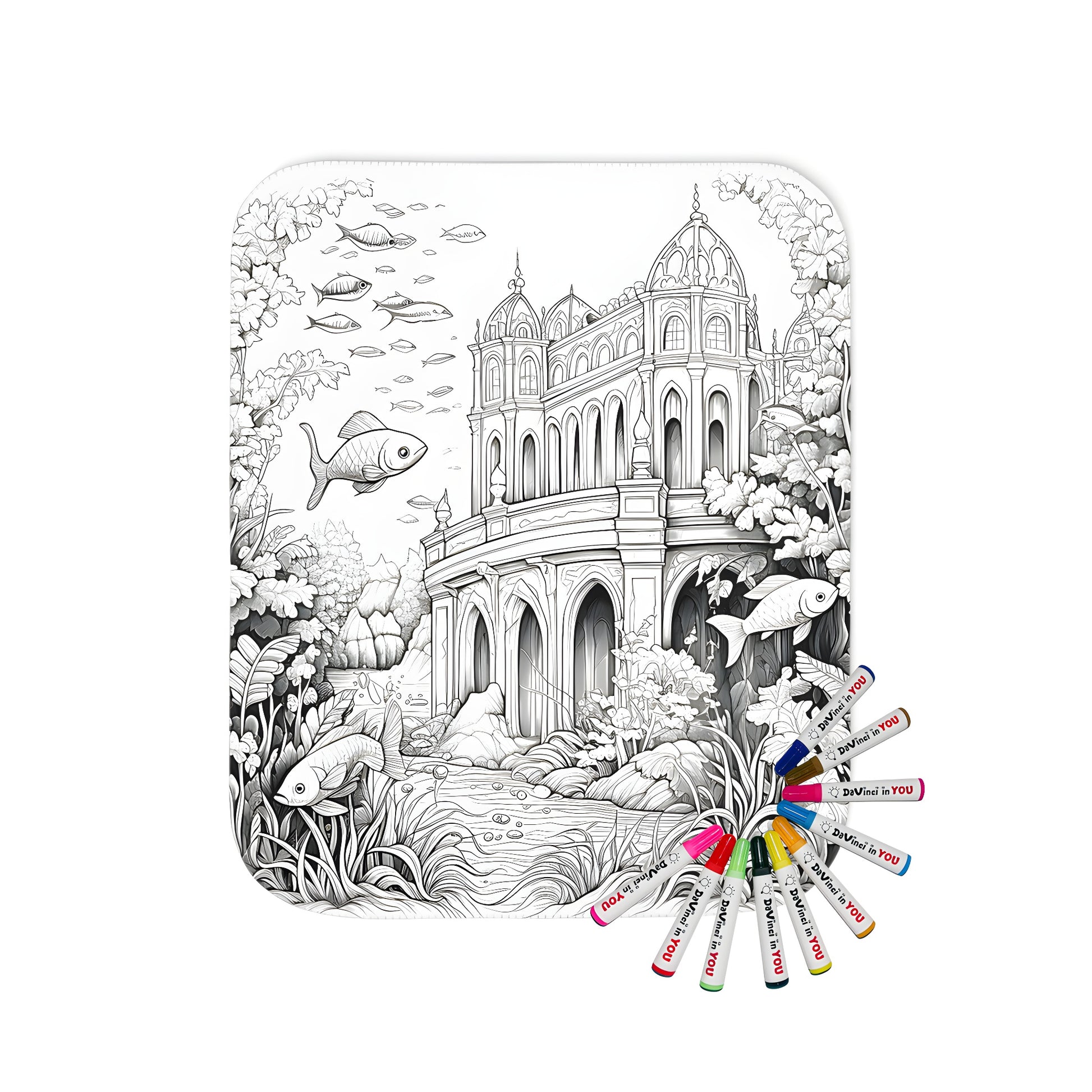 Coloring blanket with intricate underwater castle design featuring fish, sea creatures, and architecture details