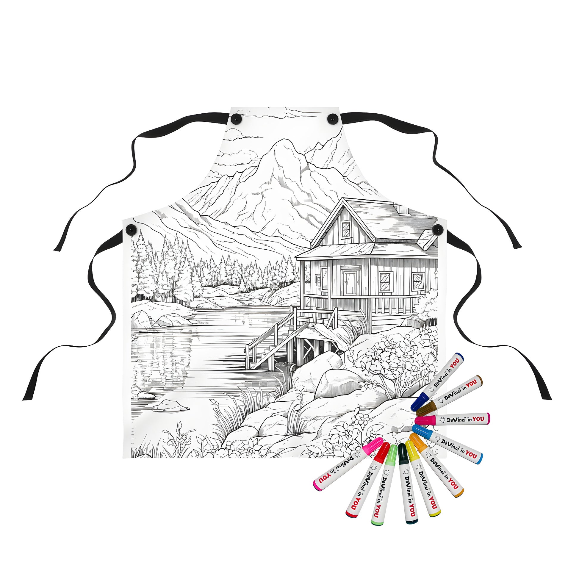 Apron with Detailed mountain cabin by lake design, featuring mountains, trees, flowers, and clouds. Perfect for nature lovers.