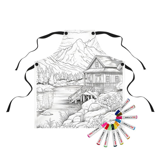 Apron with Detailed mountain cabin by lake design, featuring mountains, trees, flowers, and clouds. Perfect for nature lovers.