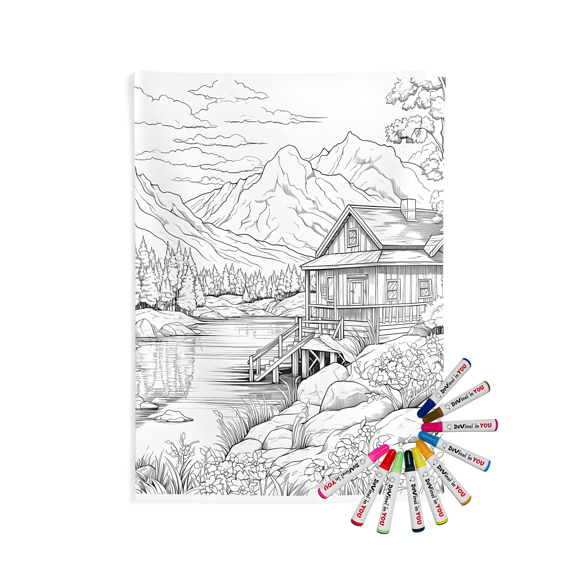 Indoor wall tapestries featuring a detailed mountain cabin by a serene lake with lush trees, vibrant flowers, and soft clouds in a peaceful nature scene. Perfect for bohemian home decor.