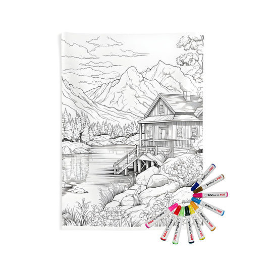 Indoor wall tapestries featuring a detailed mountain cabin by a serene lake with lush trees, vibrant flowers, and soft clouds in a peaceful nature scene. Perfect for bohemian home decor.