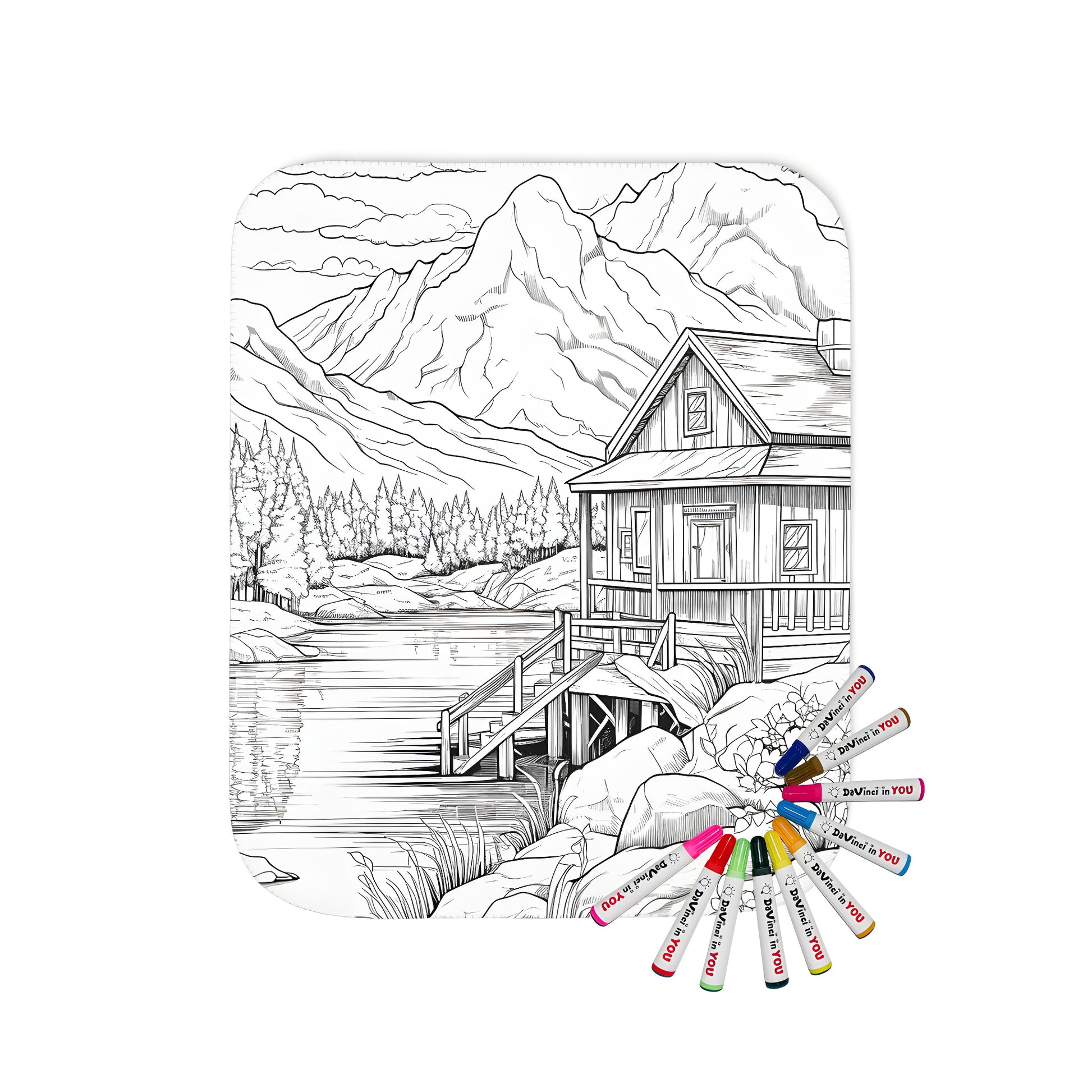 Cozy cabin blanket with lake scene, mountain range, trees, flowers, and clouds designed coloring page style