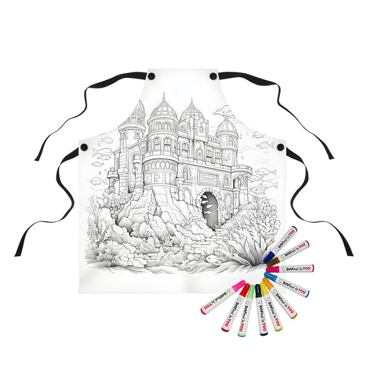 Underwater castle apron design, elaborate ocean scene with domes, towers, fish, dolphins and coral