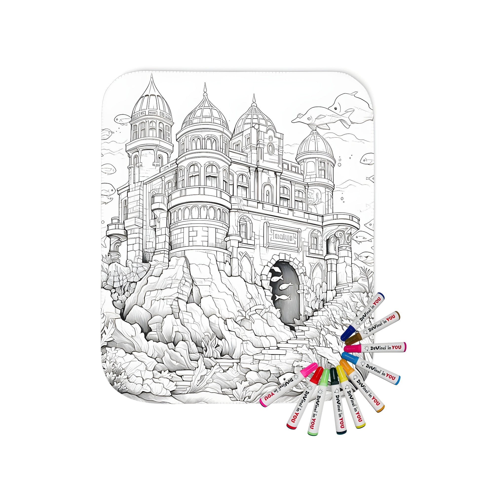 Underwater castle coloring page blanket, blanket with underwater scene design, underwater-themed throw blanket