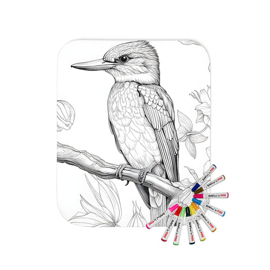 Coloring blanket with highly detailed kingfisher bird illustration and floral branch