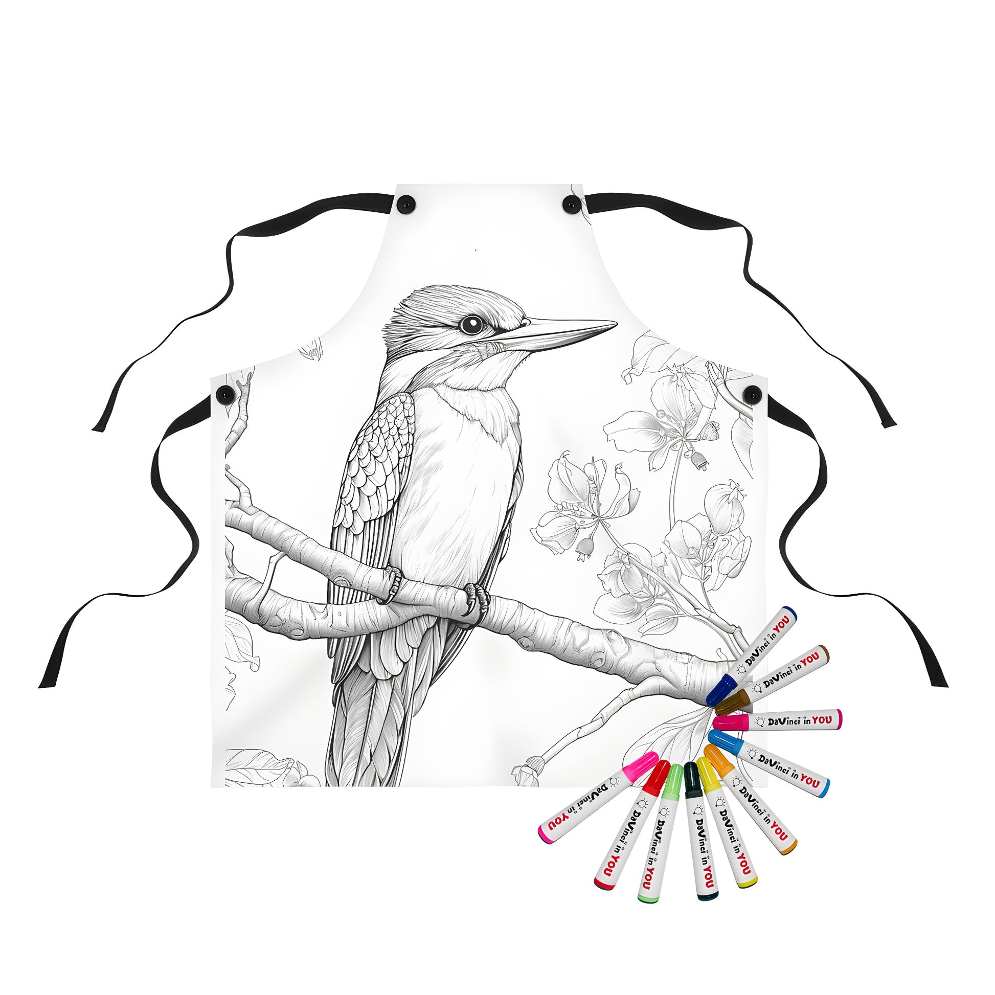 Coloring apron featuring a kingfisher perched on a branch with flowers