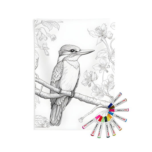 Indoor wall tapestries coloring kit with kingfisher design, featuring a detailed line art of a green kingbird perched on a branch surrounded by flowers and foliage. Perfect for nature lovers and enthusiasts of the heron family.