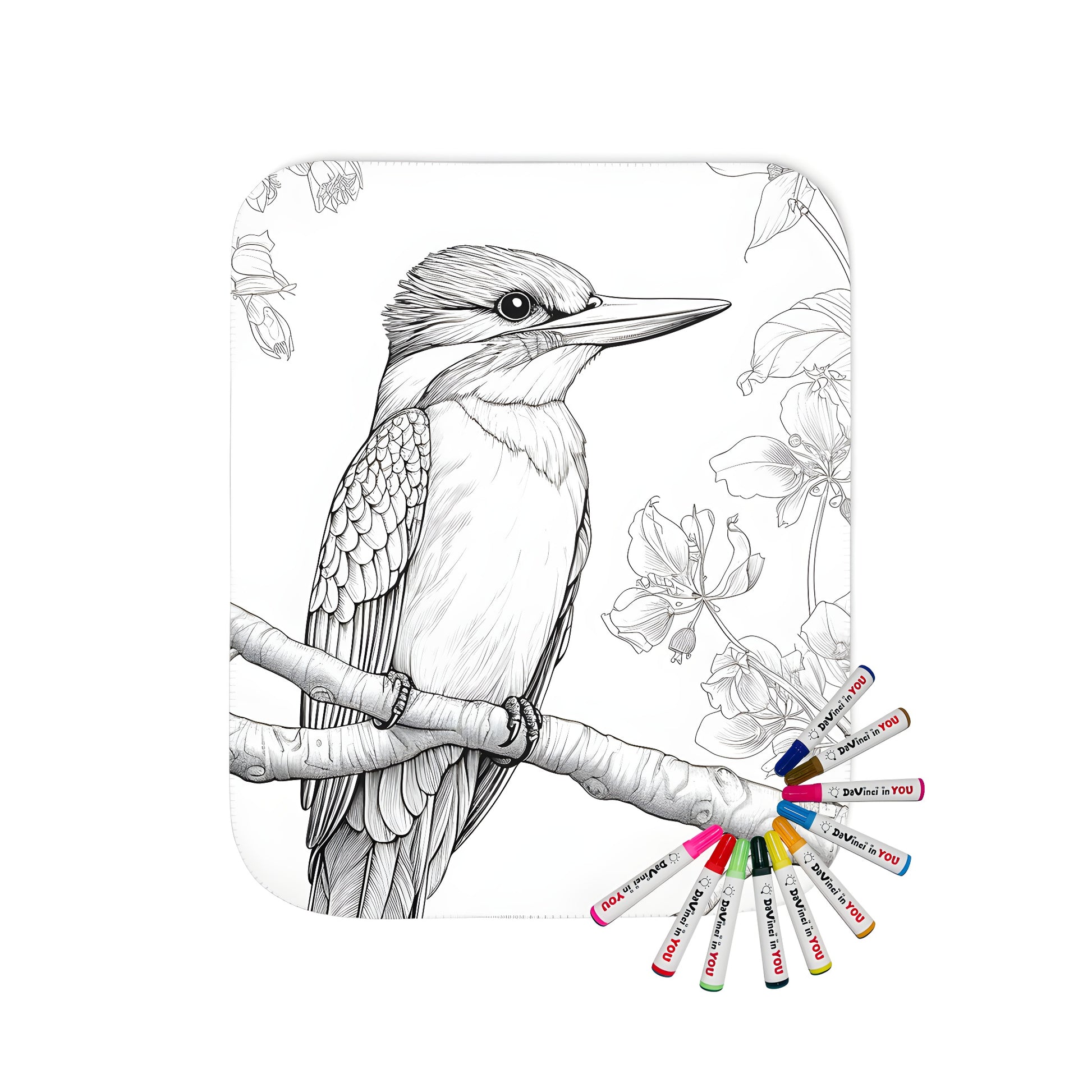 Detailed blanket design featuring a kingfisher illustration, surrounded by line art of flowers and foliage. Perfect for nature lovers and fans of birds.