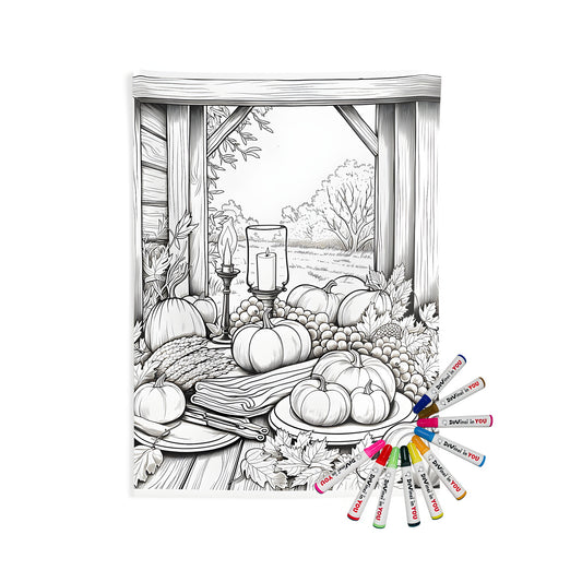 Rustic autumn decorations, vintage fall home decor, cozy indoor wall tapestries, black and white illustration of pumpkins, grapes, wheat, and candles on a table in a barn.