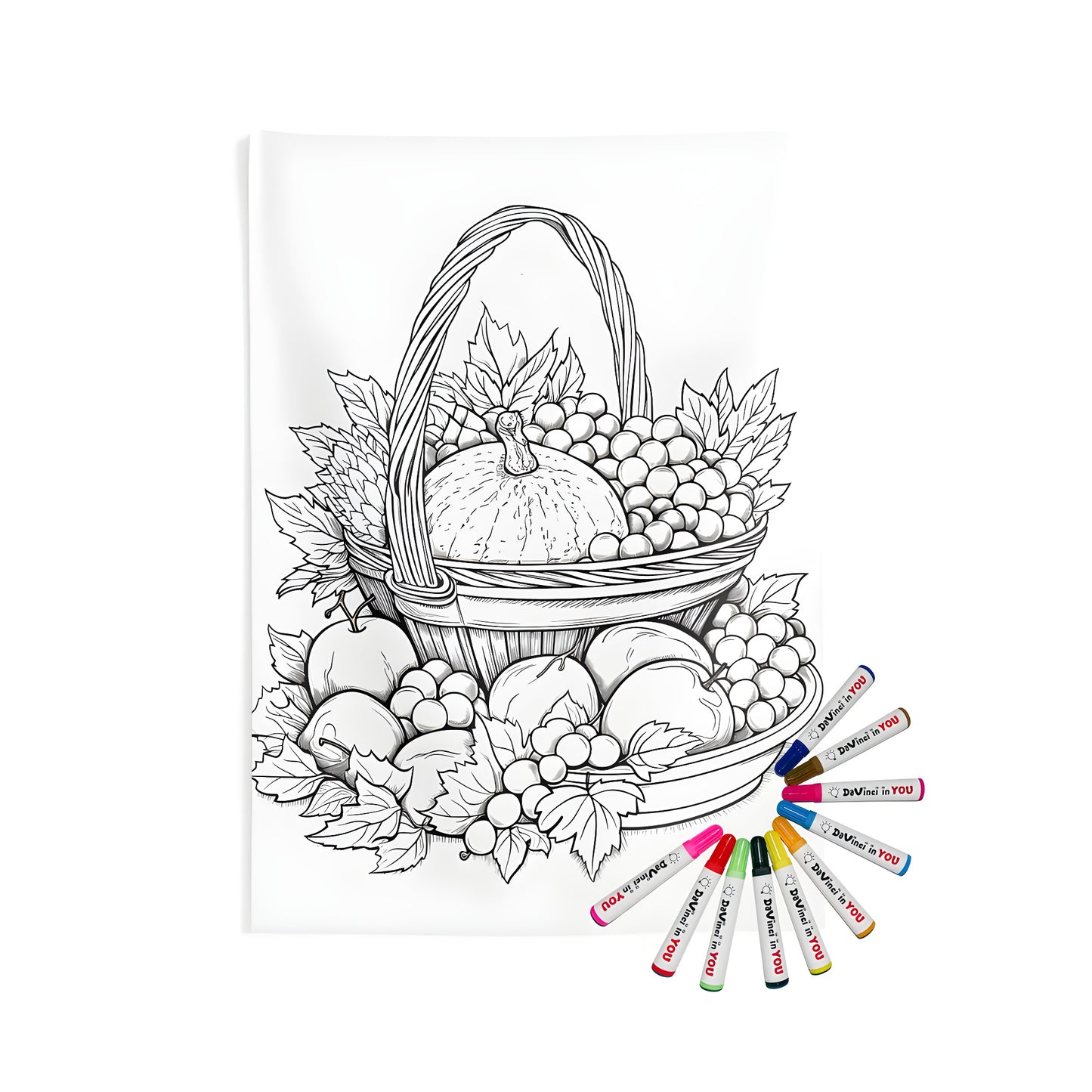 Indoor wall tapestry featuring a colorful basket filled with seasonal fruits and foliage