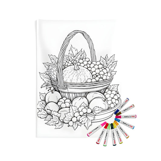 Indoor wall tapestry featuring a colorful basket filled with seasonal fruits and foliage