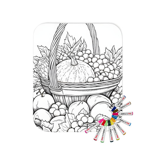 Cozy blanket featuring a colorful basket filled with a pumpkin, apples, grapes, and leaves for a whimsical harvest design