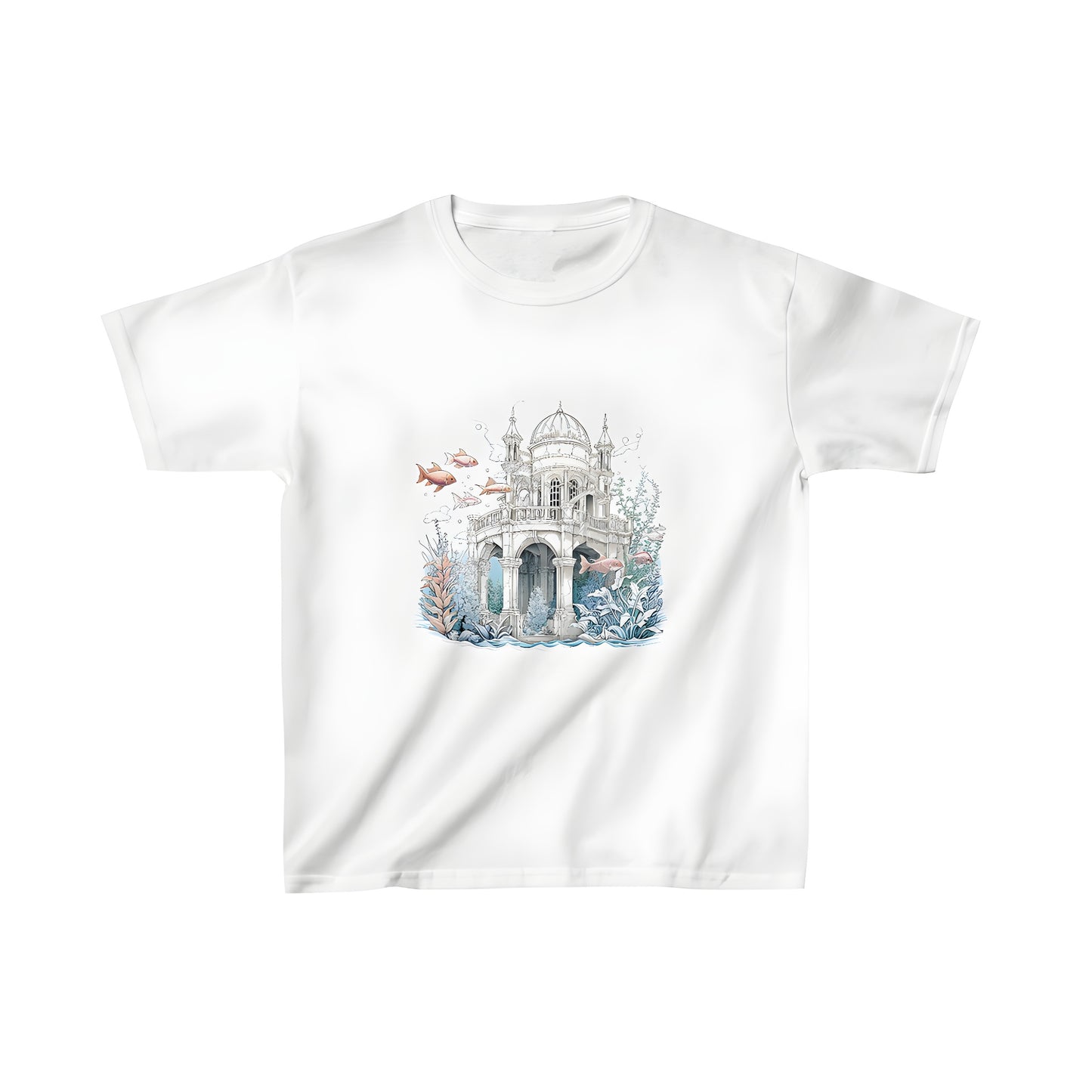 Colorful kids t-shirt featuring an ancient underwater scene with ruins and marine life