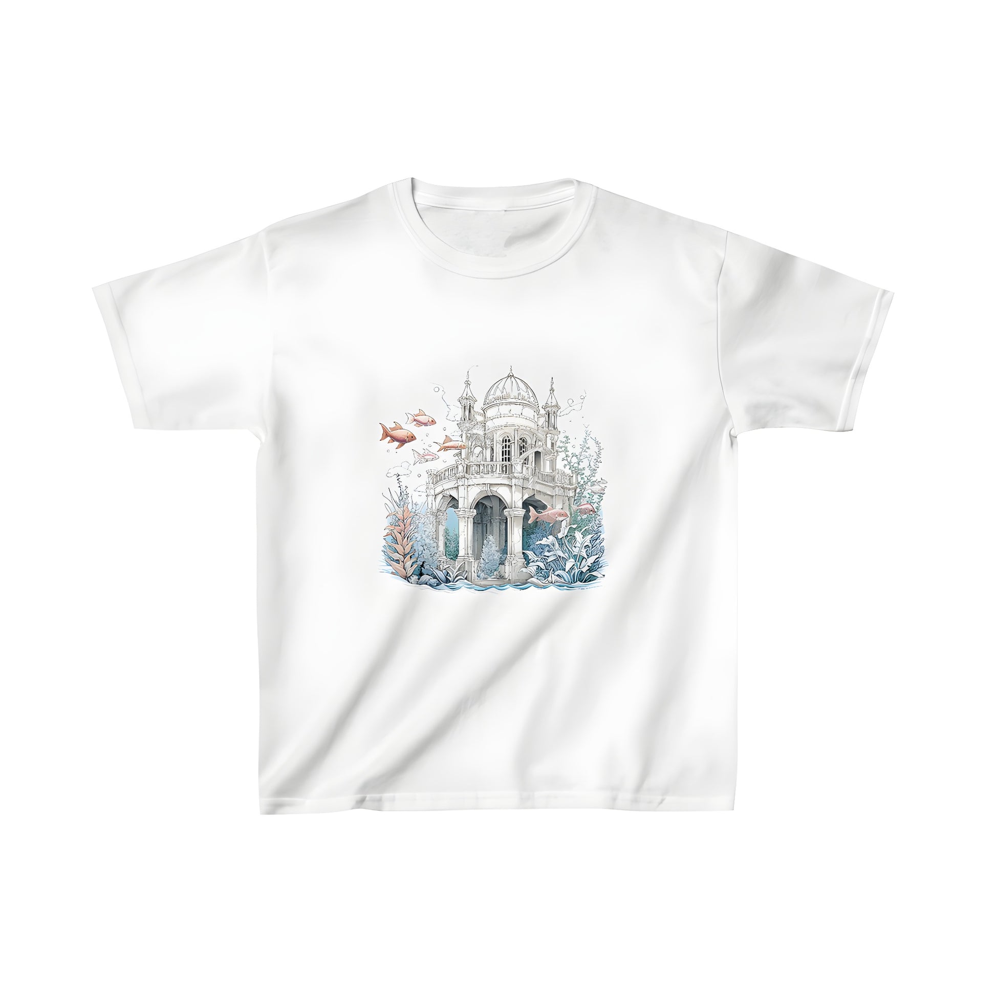 Colorful kids t-shirt featuring an ancient underwater scene with ruins and marine life