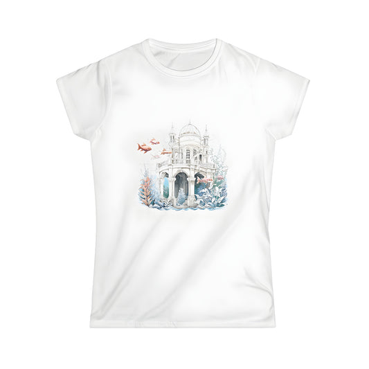 Women's tee featuring an underwater scene with ancient ruins, colorful fish and aquatic plants