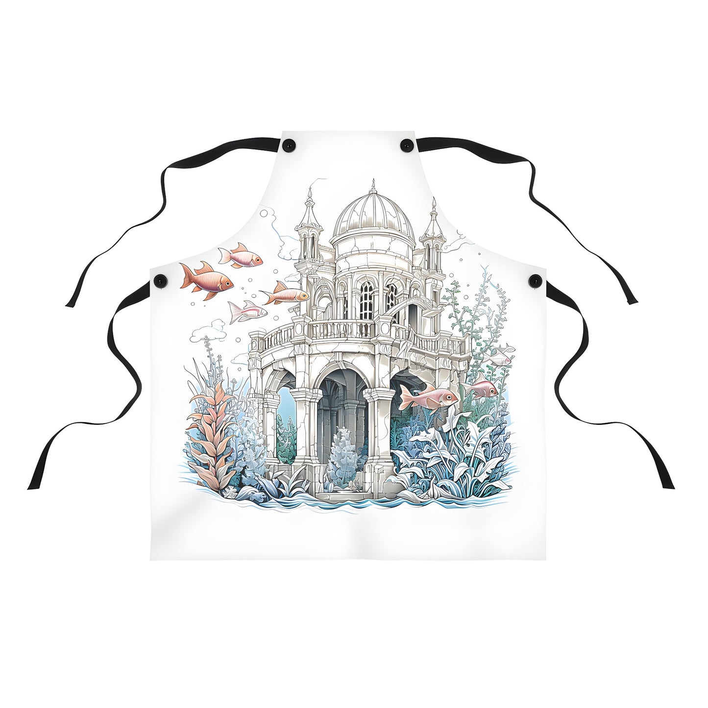 Colorful underwater scene apron design featuring ancient ruins, domed structure and marine life