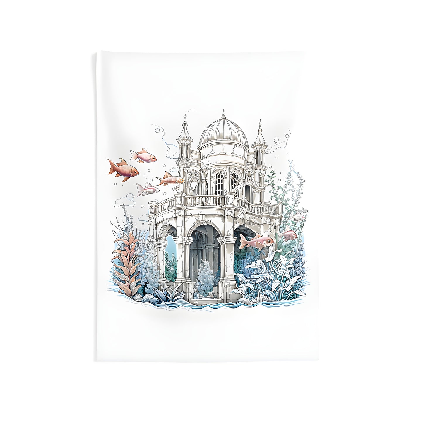 Colorful Indoor Wall Tapestry featuring an Ancient Underwater Scene with Domes and Aquatic Life