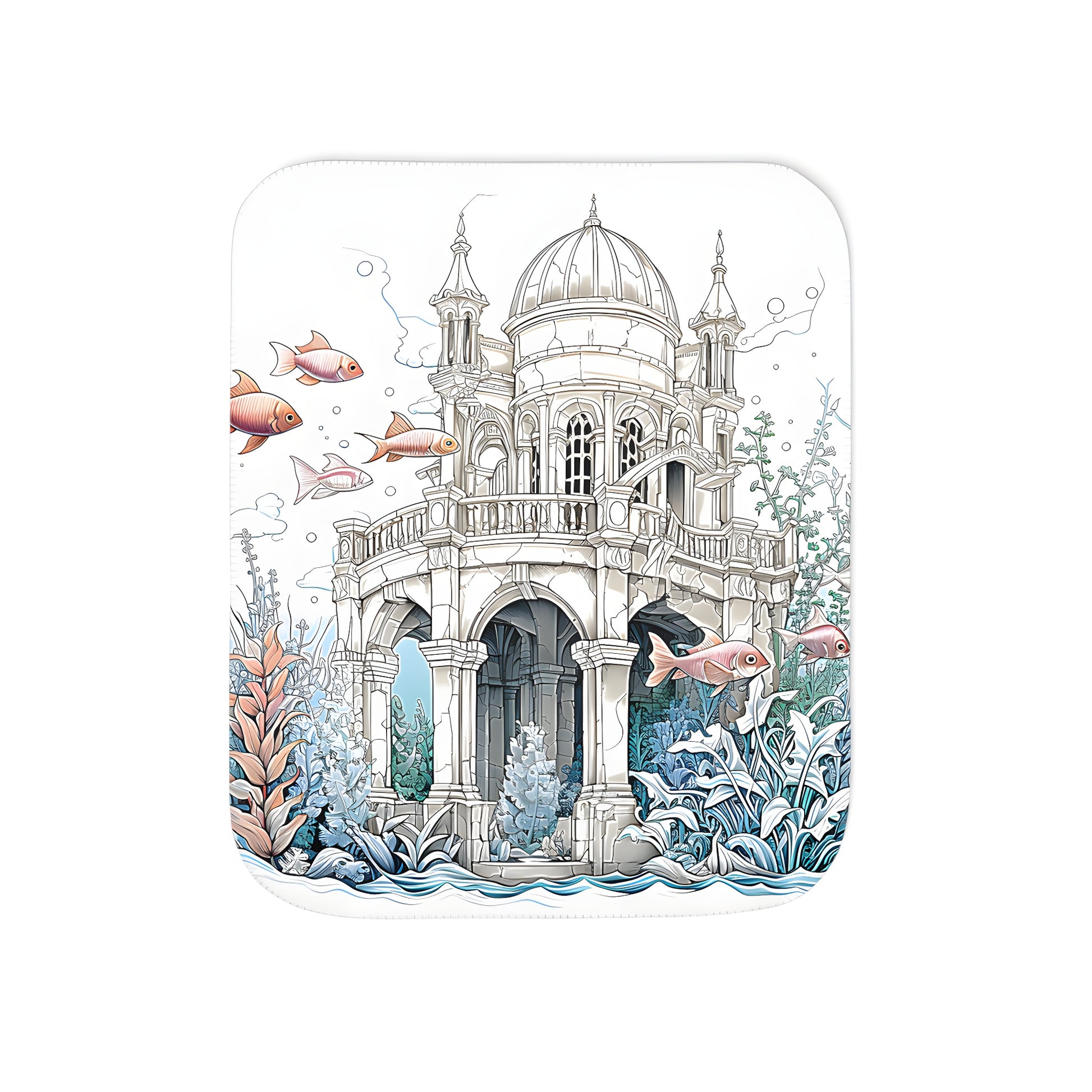 Cozy blanket featuring an underwater scene with ancient ruins, domed structure, fish and aquatic plants for a home decor bedspread