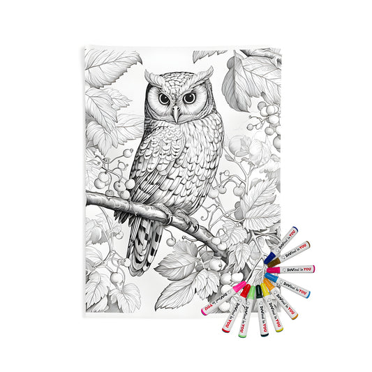 Coloring kit for Indoor Wall Tapestry featuring a detailed black and white drawing of an owl perched on a branch surrounded by leaves and berries.